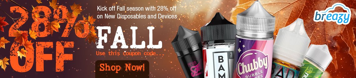 Sitewide sale: 28% off vape juice, new disposables and devices with code FALL