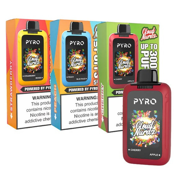 Cloud Nurdz X Pyro Duo 30K Puffs Disposable Vape features dual tanks, quad mesh coils, and a modern HD screen with a prefill of 24MLs of Cloud Nurdz vape juice.